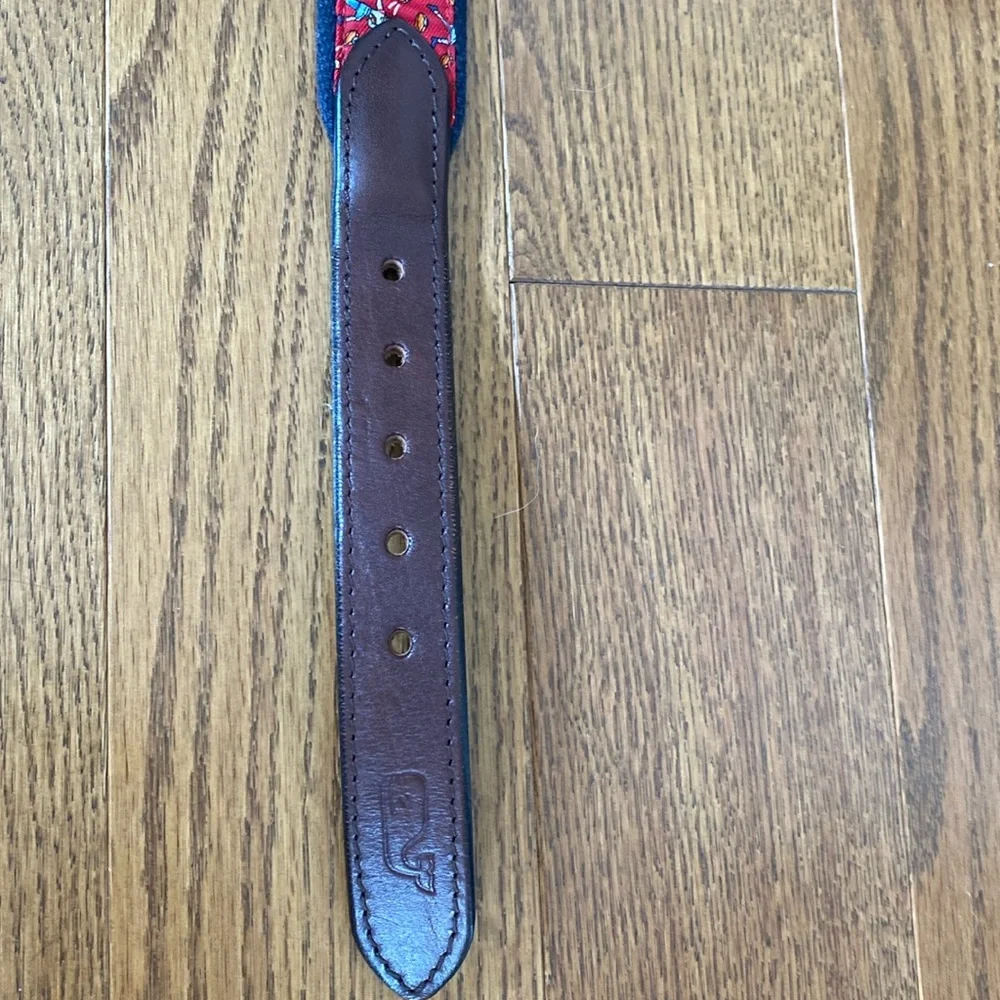 Vineyard Vines Football Belt Brown Leather Silk Print Sz 28